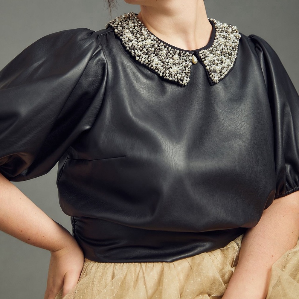 Maeve Faux Leather Puff Sleeve Blouse